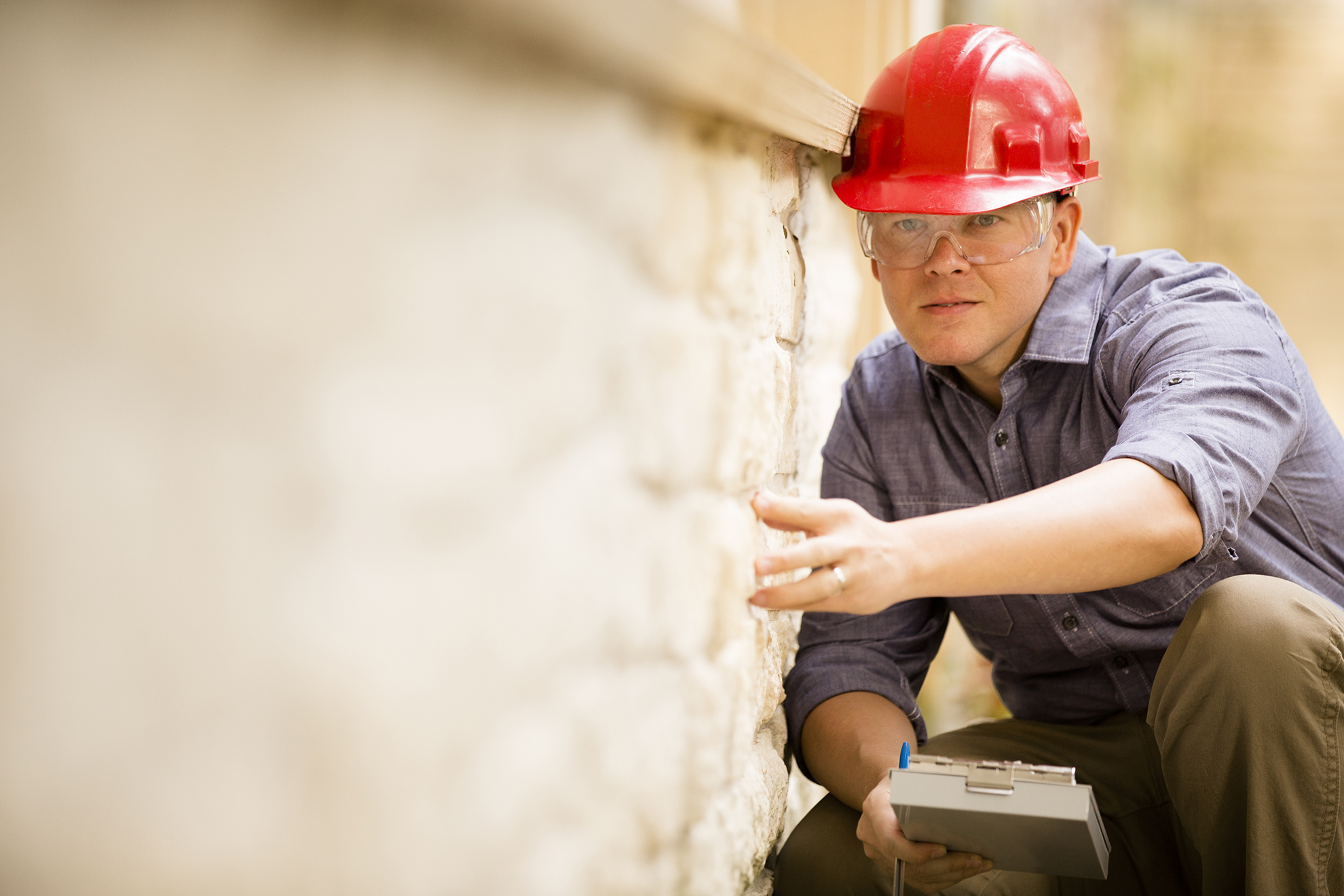 MCS-Phoenix-home-remodel-General-Contractor-sm2 A construction inspector in a red hard hat and safety glasses crouches beside a wall, examining a crack with a measuring tool; focused, professional tone.